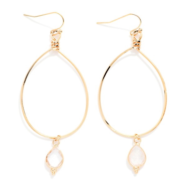Metal Tone Wire Teardrop Drop Earrings With Faceted Stone Teardrop Detail 

- Approximately 2.25" L