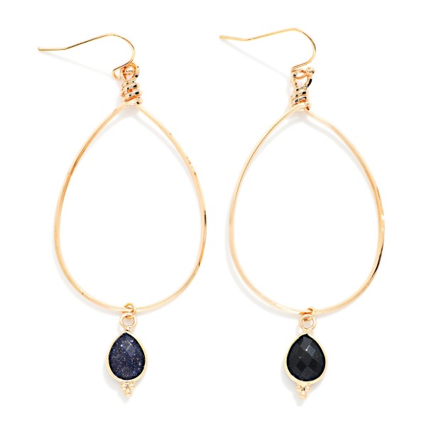 Metal Tone Wire Teardrop Drop Earrings With Faceted Stone Teardrop Detail 

- Approximately 2.25" L