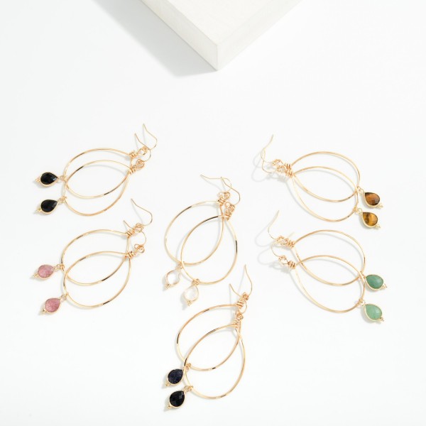 Metal Tone Wire Teardrop Drop Earrings With Faceted Stone Teardrop Detail 

- Approximately 2.25" L