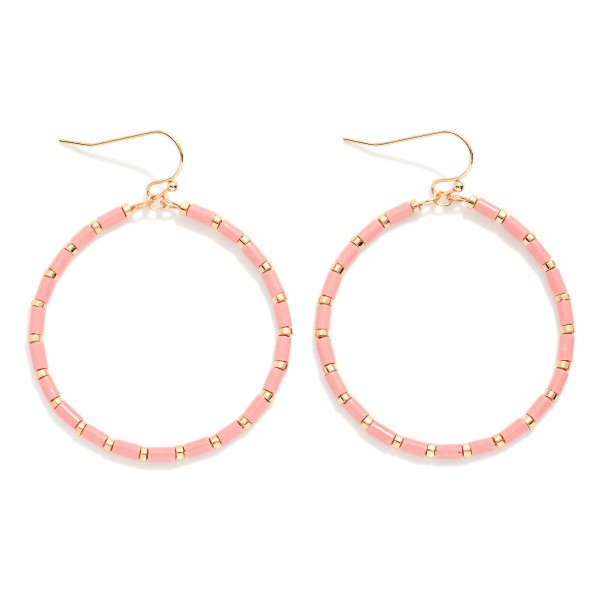 Tube Beaded Hoop Drop Earrings Featuring Metal Tone Stations 

- Approximately 2" L 
