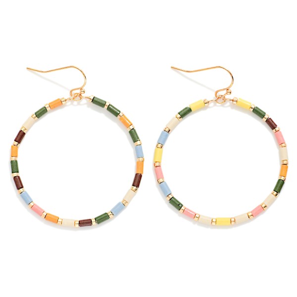 Tube Beaded Hoop Drop Earrings Featuring Metal Tone Stations 

- Approximately 2" L 
