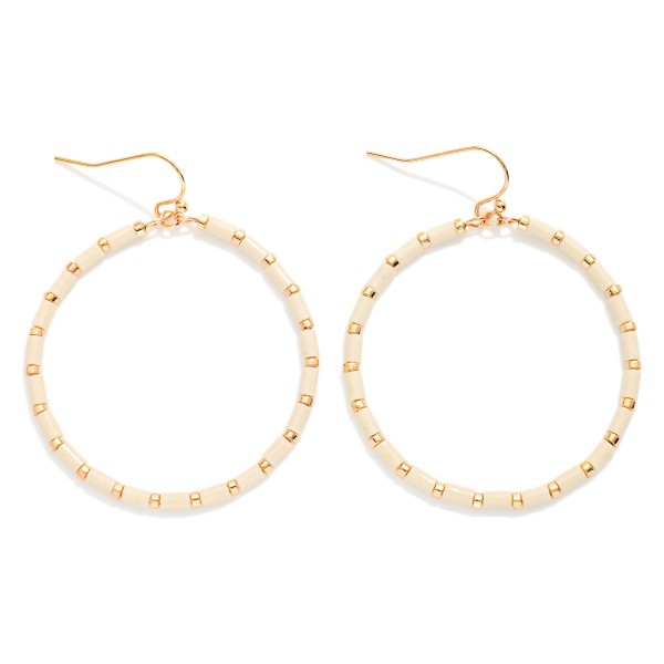 Tube Beaded Hoop Drop Earrings Featuring Metal Tone Stations 

- Approximately 2" L 
