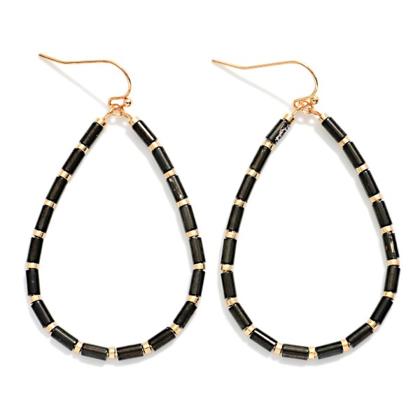 Tube Beaded Teardrop Drop Earrings Featuring Metal Tone Stations 

- Approximately 2" L 
