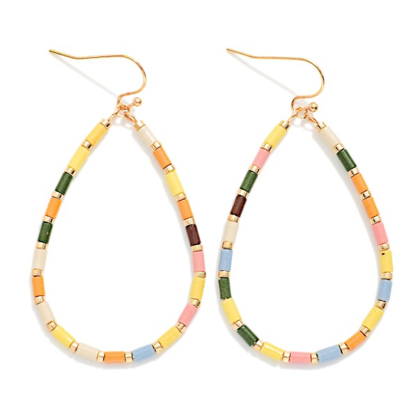 Tube Beaded Teardrop Drop Earrings Featuring Metal Tone Stations 

- Approximately 2" L 