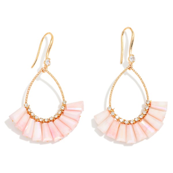 Textured Metal & Rhinestone Teardrop Earrings Featuring Fanned Marbled Acetate Beads

- Approximately 2" L
