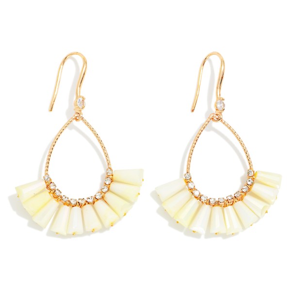 Textured Metal & Rhinestone Teardrop Earrings Featuring Fanned Marbled Acetate Beads

- Approximately 2" L