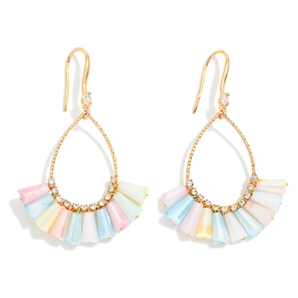 Textured Metal & Rhinestone Teardrop Earrings Featuring Fanned Marbled Acetate Beads

- Approximately 2" L