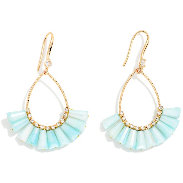 Textured Metal & Rhinestone Teardrop Earrings Featuring Fanned Marbled Acetate Beads

- Approximately 2" L