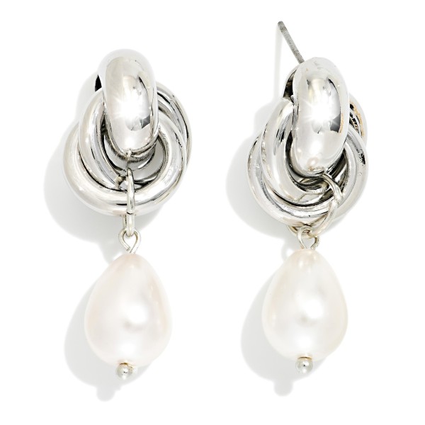 Knotted Metal & Teardrop Pearl Post Drop Earrings 

- Approximately 1.5" L