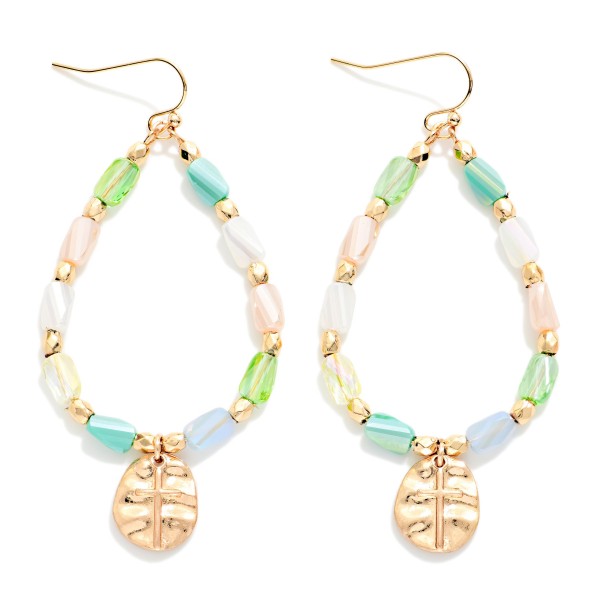 Faceted Cylinder Beaded Teardrop Earrings Featuring Hammered Metal Cross Pendant 

- Approximately 2.5" L