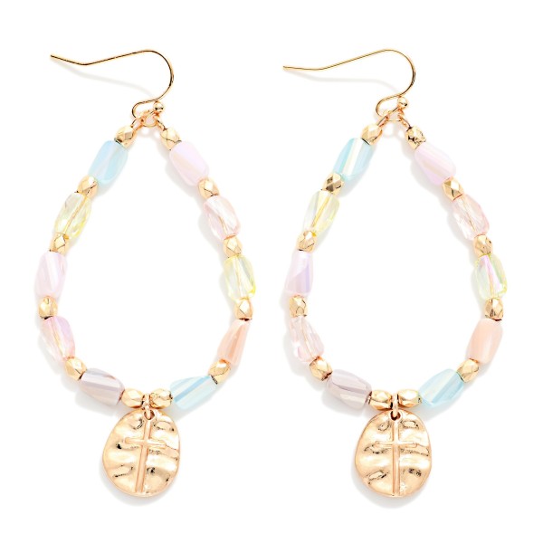 Faceted Cylinder Beaded Teardrop Earrings Featuring Hammered Metal Cross Pendant 

- Approximately 2.5" L