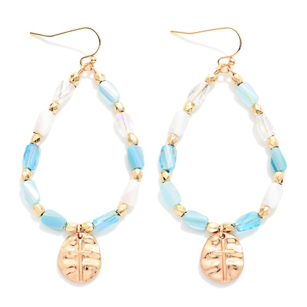 Faceted Cylinder Beaded Teardrop Earrings Featuring Hammered Metal Cross Pendant 

- Approximately 2.5" L