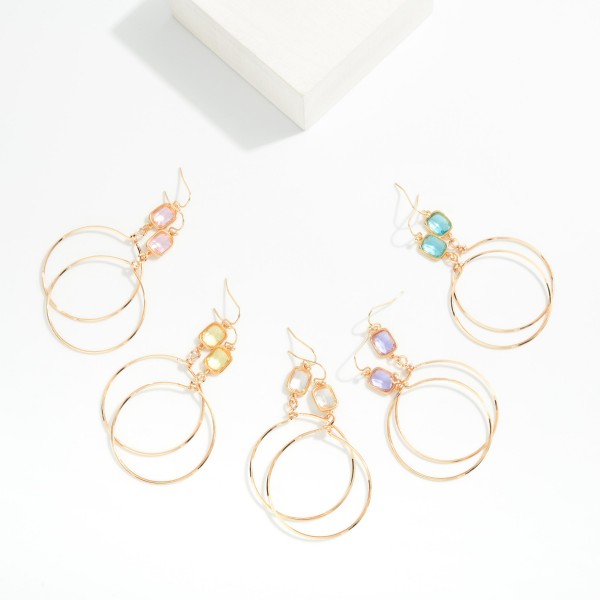 Glass Crystal & Metal Tone Hoop Drop Earrings 

- Approximately 2" L