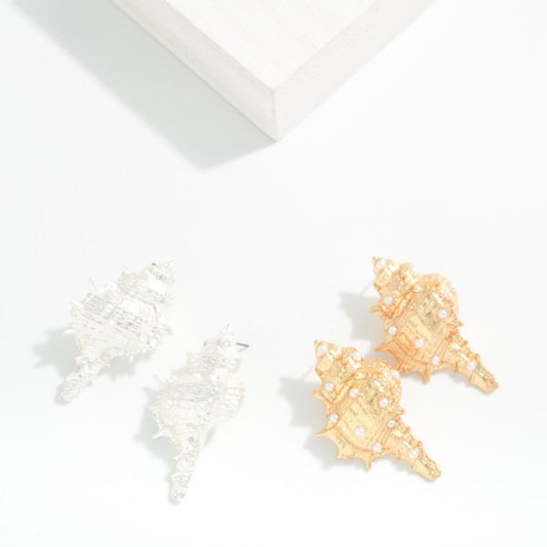 Large Metal Tone & Pearl Murex Drop Earrings 

- Approximately 2" L