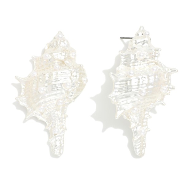 Large Metal Tone & Pearl Murex Drop Earrings 

- Approximately 2" L