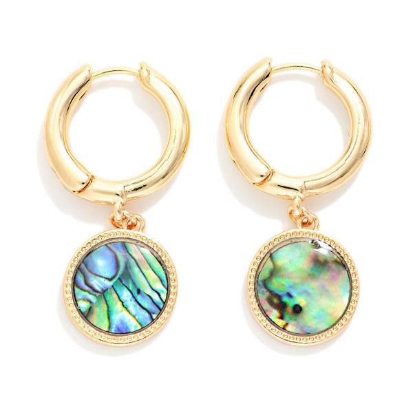 Metal Tone Hoop Earrings With Pearlescent Circle Dangle 

- Approximately 1.5" L