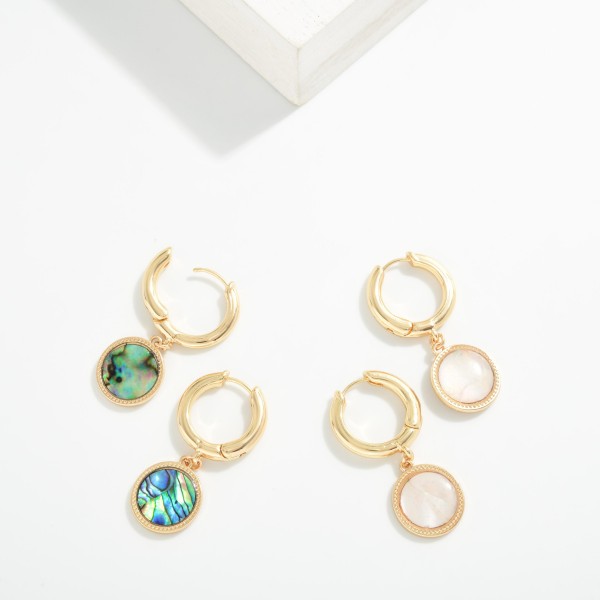 Metal Tone Hoop Earrings With Pearlescent Circle Dangle 

- Approximately 1.5" L