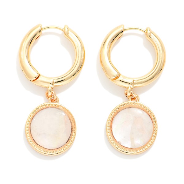 Metal Tone Hoop Earrings With Pearlescent Circle Dangle 

- Approximately 1.5" L