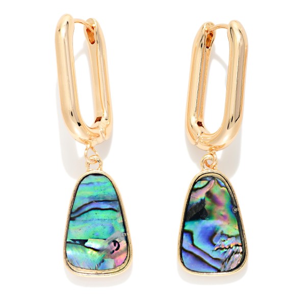 Rectangular Hoop & Pearlescent Geometric Shape Post Drop Earrings 

- Approximately 2" L