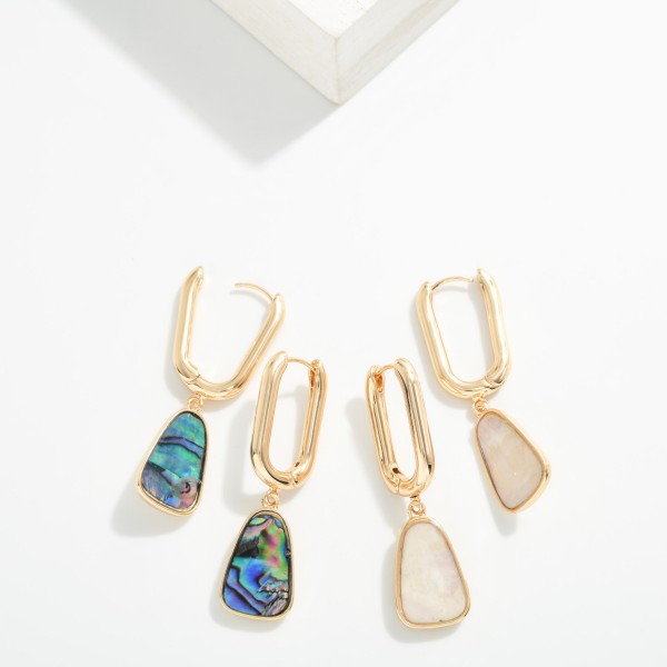 Rectangular Hoop & Pearlescent Geometric Shape Post Drop Earrings 

- Approximately 2" L