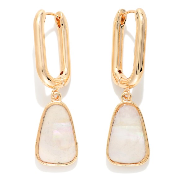Rectangular Hoop & Pearlescent Geometric Shape Post Drop Earrings 

- Approximately 2" L