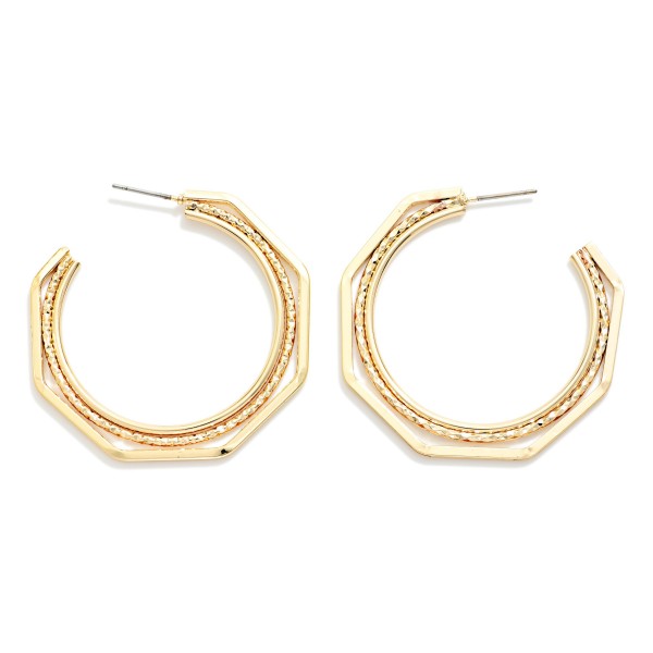 Layered Metal Tone Octagon Hoop Earrings 

- Approximately 1.25" D