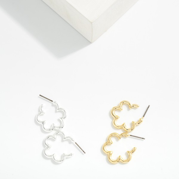 Metal Tone Flower Hoop Earrings 

- Approximately .75" D