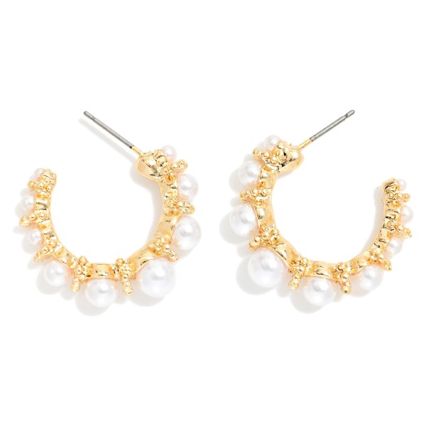 Graduated Pearl Studded Metal Tone Hoop Earrings 

- Approximately .75" D