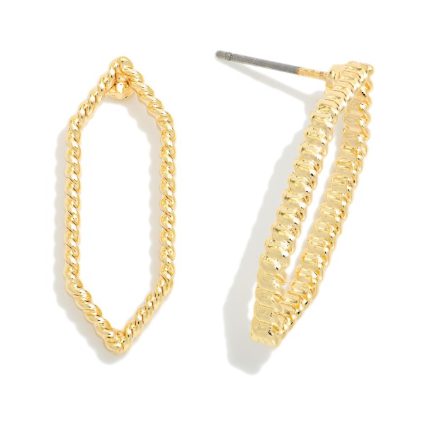 Metal Tone Twisted Hexagon Hoop Post Drop Earrings 

- Approximately 1" L 