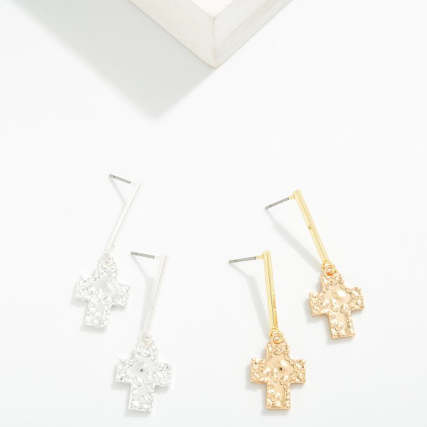 Hammered Metal Cross & Bar Post Drop Earrings 

- Approximately 1.5" L