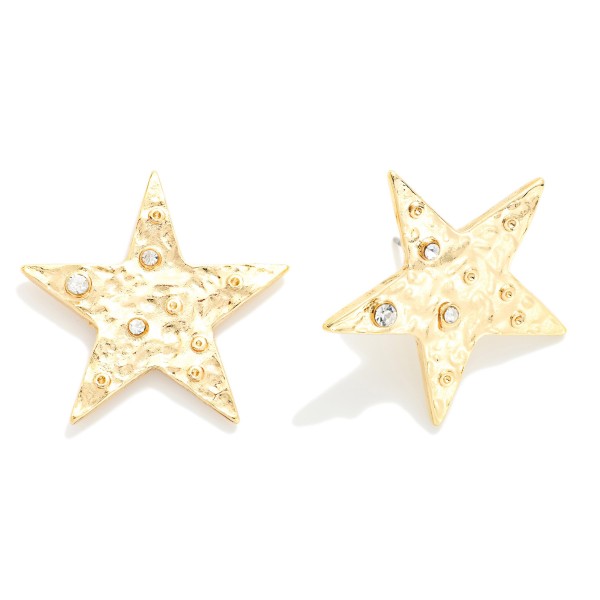 Rhinestone Studded Textured Metal Star Post Drop Earrings 

- Approximately 1" L