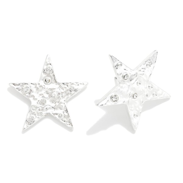 Rhinestone Studded Textured Metal Star Post Drop Earrings 

- Approximately 1" L