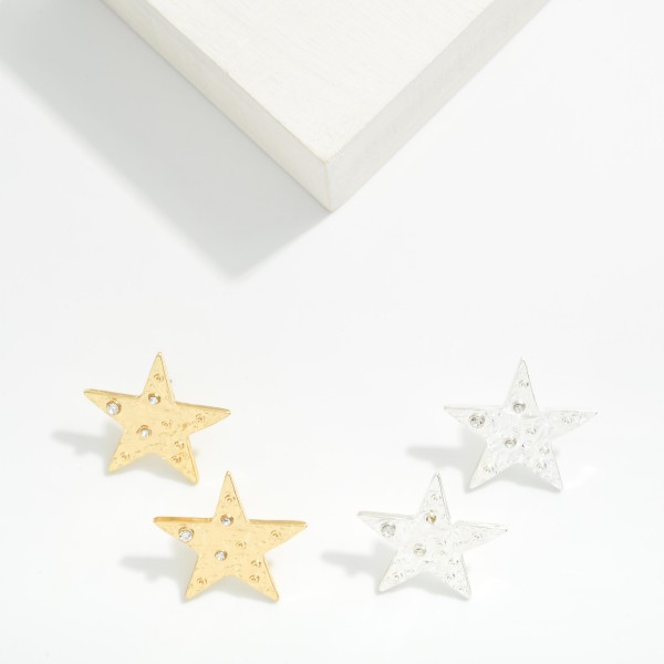 Rhinestone Studded Textured Metal Star Post Drop Earrings 

- Approximately 1" L