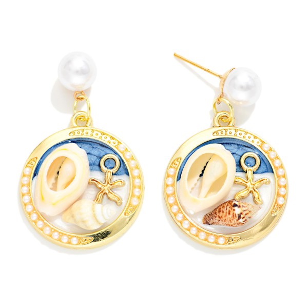 Linked Pearl And Metal Medallion Post Drop Earring Featuring Enamel And Shells 

- Approximately 1.5