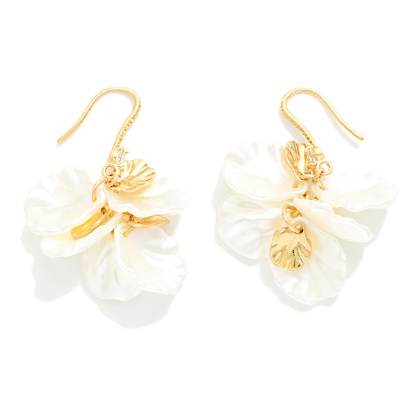Linked Pearl Flower Petal Tassel Drop Earrings Featuring Gold Tones 

- Approximately 2" L 