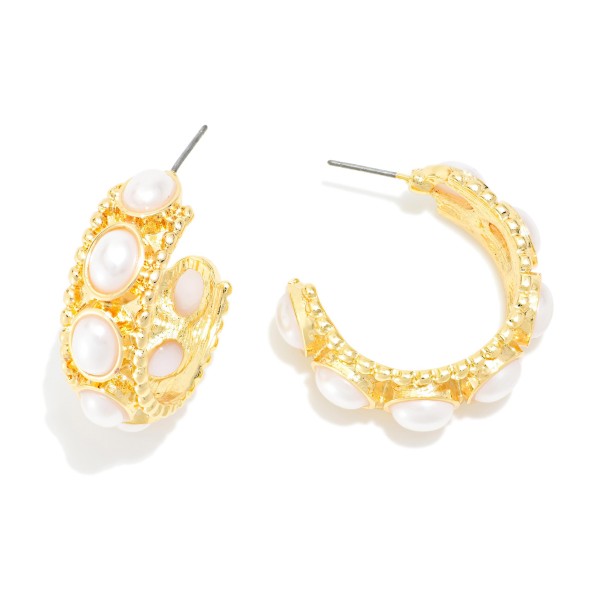 Pearl Studded Metal Tone Hoop Earrings With Scalloped Edges

- Approximately 1" D