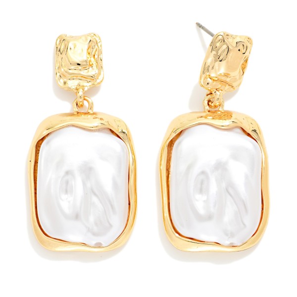 Textured Metal Post Drop & Round Rectangle Pearl Earring With Metal Border 

- Approximately 1.75" L 