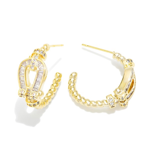 Twisted Metal Hoop Earrings With Rhinestone Buckle Detail 

- Approximately .75" D