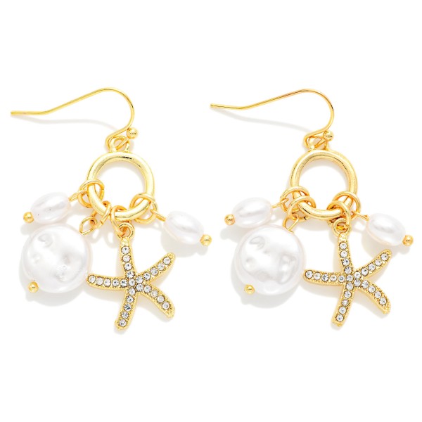 Metal Tone Hoop Drop Earrings Featuring Pearls & Rhinestone Starfish Charms 

- Approximately 1.5" L