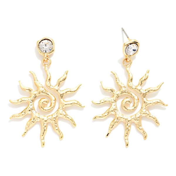 Chain Link Rhinestone Featuring Hammered Metal Sun Drop Earring 

- Approximately 2" L 