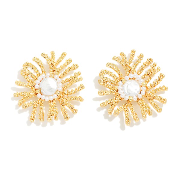 Metal Tone Coral & Pearl Post Drop Earrings 

- Approximately 1.25" L