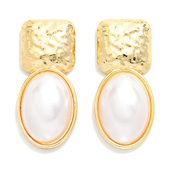 Hammered Metal Square & Oval Pearl Post Drop Earrings 

- Approximately 1.75" L