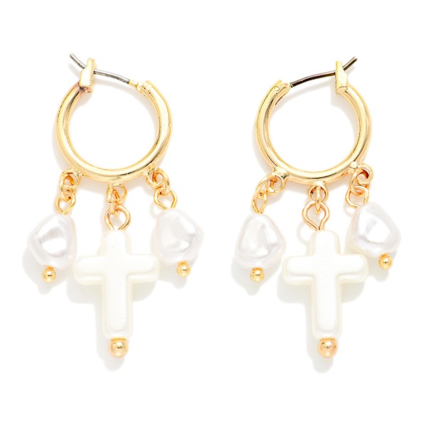 Metal Tone Huggie Hoop Drop Earrings Featuring Pearls & Pearl Cross Charm 

- Approximately 1.5" L 