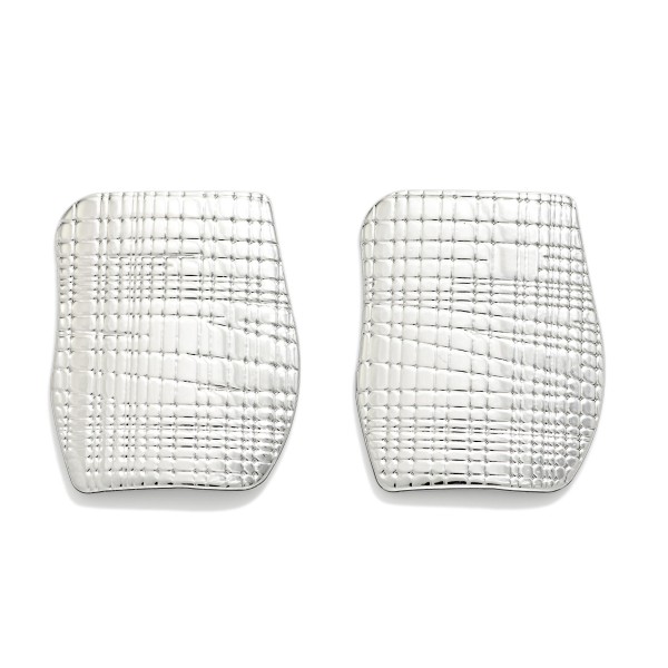 Metal Tone Rectangular Post Drop Earrings With Geometric Engraving Detail 

- Approximately 1" L 