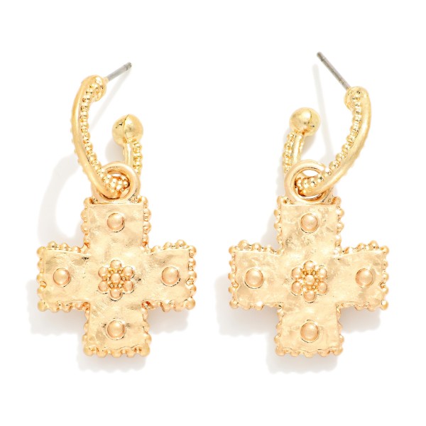 Textured Metal Hoop & Plus Cross Drop Earrings With 3D Details 

- Approximately 1.5" L