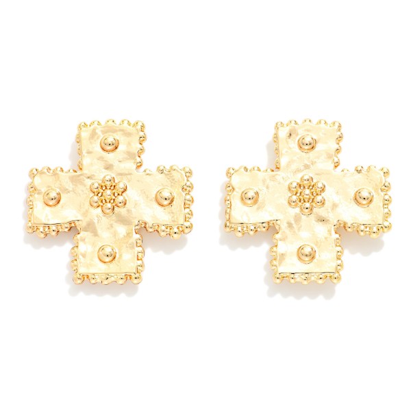 Hammered Metal Plus Cross Post Drop Earrings With Bubble Edge & 3D Details 

- Approximately 1" L