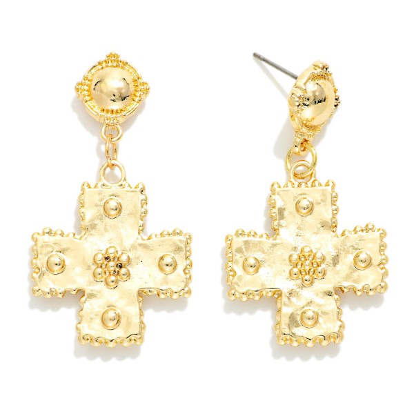 Hammered Metal Plus Cross Post Drop Earring With Metal Tone Studded Edges 

- Approximately 1.75" L 