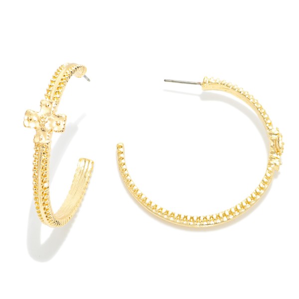 Ribbed Metal Tone Hoop Earrings With Plus Cross Detail 

- Approximately 1.5" D