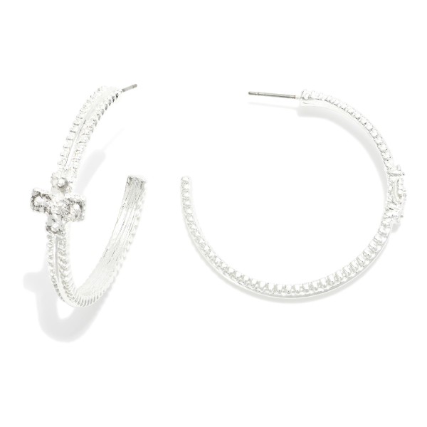 Ribbed Metal Tone Hoop Earrings With Plus Cross Detail 

- Approximately 1.5" D