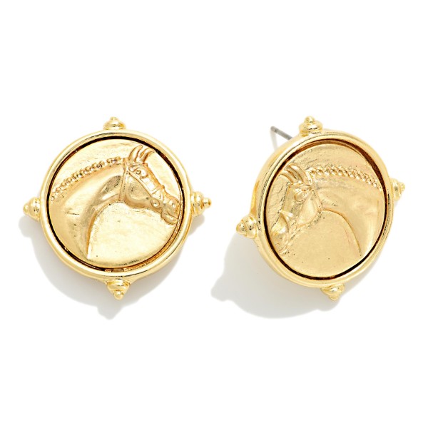Metal Tone Medallion Post Drop Earring Featuring Horse 

- Approximately 1" L 